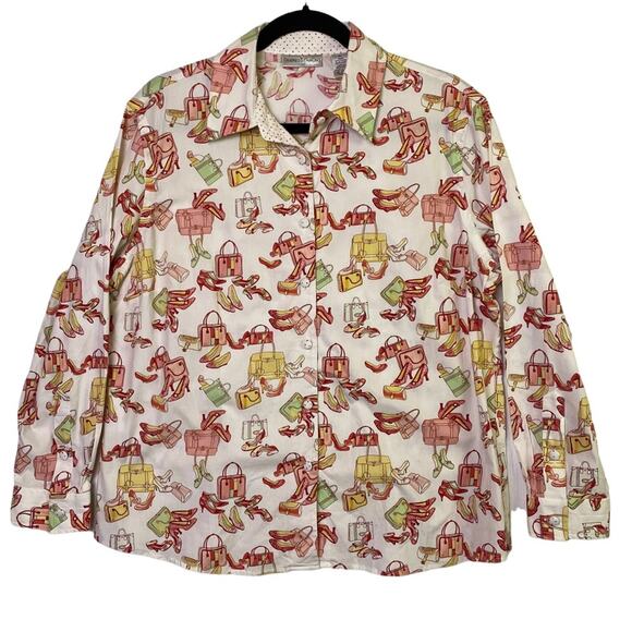 Draper's & Damon's Tops - Draper's & Damon's Pink White Shoes Handbags Button Up Top Size Large Petite